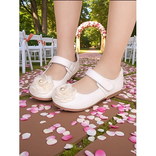 Weiße Mary-Jane-Schuhe für Kinder mit Blumenmädchen-Motiv, Perlenblumenapplikation, weicher, bequemer flacher Sohle, eleganter Prinzessinnenstil für Mädchen, perfekt für Blumenmädchen bei Hochzeiten, Image