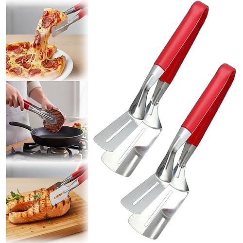 2 Stück Grillzangen aus Edelstahl, Fischwender mit rutschfestem, komfortablem Griff, geeignet zum Wenden von Fisch, Eiern, Pizza, Steaks und Pommes frites, ideal für Zuhause, Restaurants und Image