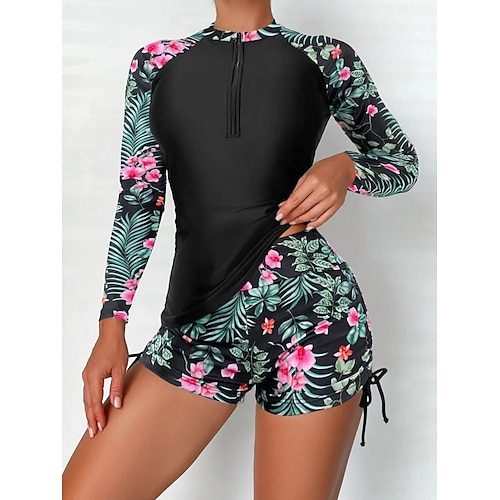 Damen Badeanzug Tankini Zweiteilig Shorts Bademode Bauchkontrolle Hohe Taille Schlank Rückenfrei Urlaub Strandbekleidung Blumen Hoher Ausschnitt Langarm Badeanzüge Image