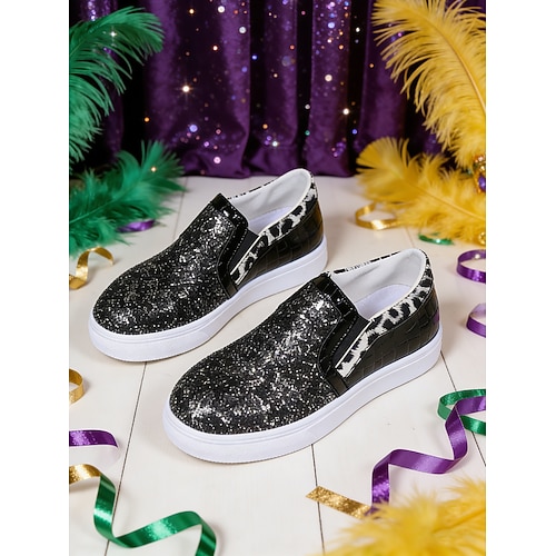 Goldglitzernde Damen-Sneaker zum Hineinschlüpfen, Plateau-Sneaker mit Leopardenmuster für Karnevalspartys Image
