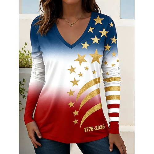 Amerikanischer Unabhängigkeitstag Damen T Shirt T-Shirt Druck Grafik Flagge Stilvoll Klassisch Lässig Langarm V Ausschnitt Normale Oberteile Täglich Ausgehen Wochenende Blau Rote Frühling Herbst Image