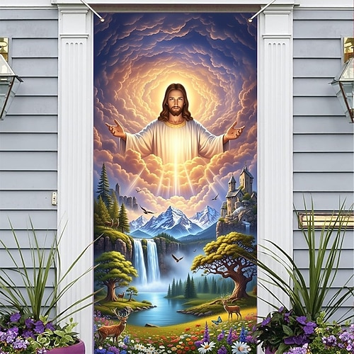 Oster-Türdekoration mit einem Bild des göttlichen Jesus mit ausgebreiteten Armen, einer friedvollen Landschaftsszene, christliche Dekoration für die Karwoche, perfekt für Ostern und die Image