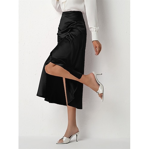 Damen Satinröcke Elegant Vintage Mode Lässig Midi Hohe Taille Röcke Einfach Gerafft Patchwork Gespleißte Enden Unelastisch Täglich Büro / Karriere Schwarz Champagner Orange Grün Sommer Image
