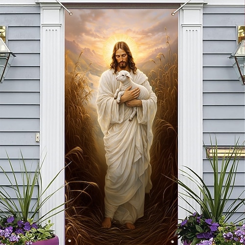 Ostertürdekoration mit einem friedvollen Jesusbildnis, das ein Lamm in einem goldenen Weizenfeld hält; christliche Dekoration für die Osterzeit, perfekt für die Karwoche und die Frühlingsfeiertage. Image