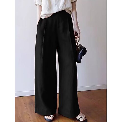 Damen Kunstbaumwollleinen Weites Bein Chinos Sommerhose Urlaub Streetwear Lässig Volle Länge Mittlere Taillenlinie Einfach Tasche Bequem Komfort Mikroelastisch Täglich Outdoor Urlaub Aprikose Schwarz Image