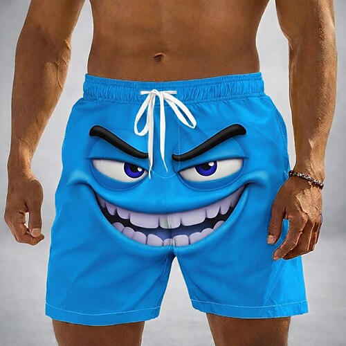 Herren Optische Täuschung 3D Zeichentrick Lächelndes Gesicht Badehosen Badeshorts Boardshorts Mittlere Taille Lustig Hawaiianisch Strandurlaub Seitentaschen Netzfutter Elastischer Kordelzug in der Image