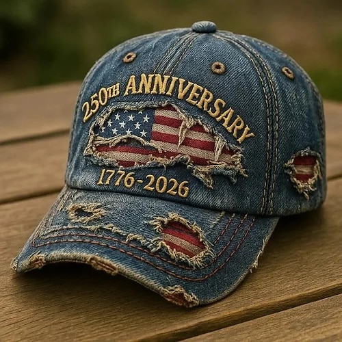 Baseballkappe aus Used-Look-Denim zum 250. Jahrestag der Vereinigten Staaten mit amerikanischer Flagge, Vintage-Hut der USA (1776–2026), patriotische Kappe zum Unabhängigkeitstag, Vintage-Hut mit Image