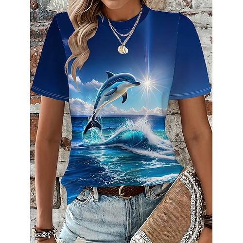 Damen T Shirt Druck Grafik Tiermotiv Vintage Stilvoll Klassisch Kurzarm Rundhalsausschnitt Rundhals Normale Oberteile Täglich Wochenende Blau Königsblau Himmelblau Braun Sommer Frühling Herbst Winter Image