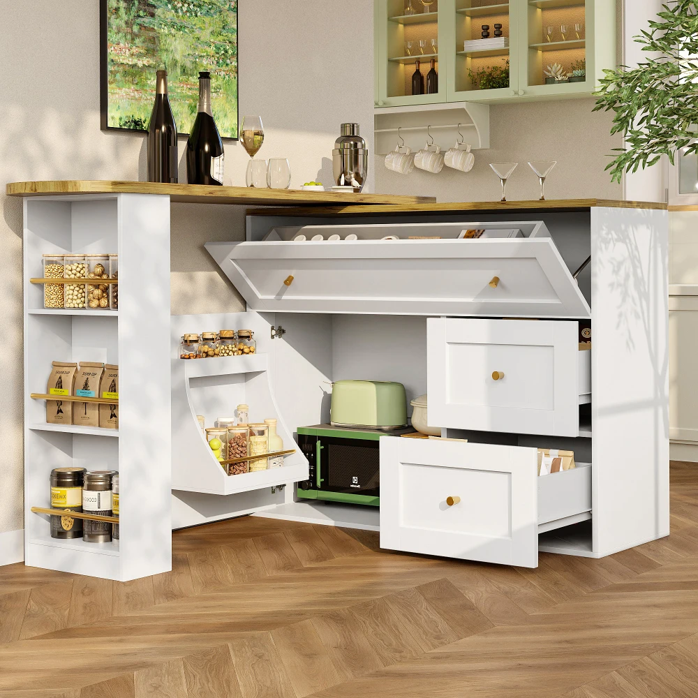 Ausziehbarer Bartheke mit Stauraum (138–204 x 39 x 105 cm), Küchenschrank, Sideboard mit Snack-Regal, Teleskop-Bartheke