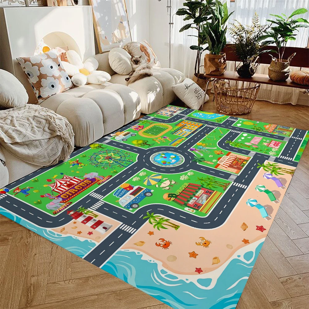 Auto-Spielmatte für Jungen und Mädchen, Highway City, Teppiche mit Verkehrsthema für Kinder, Spielzeugautos, Kinderteppiche für Spielzimmer, rutschfester Kinderspielteppich