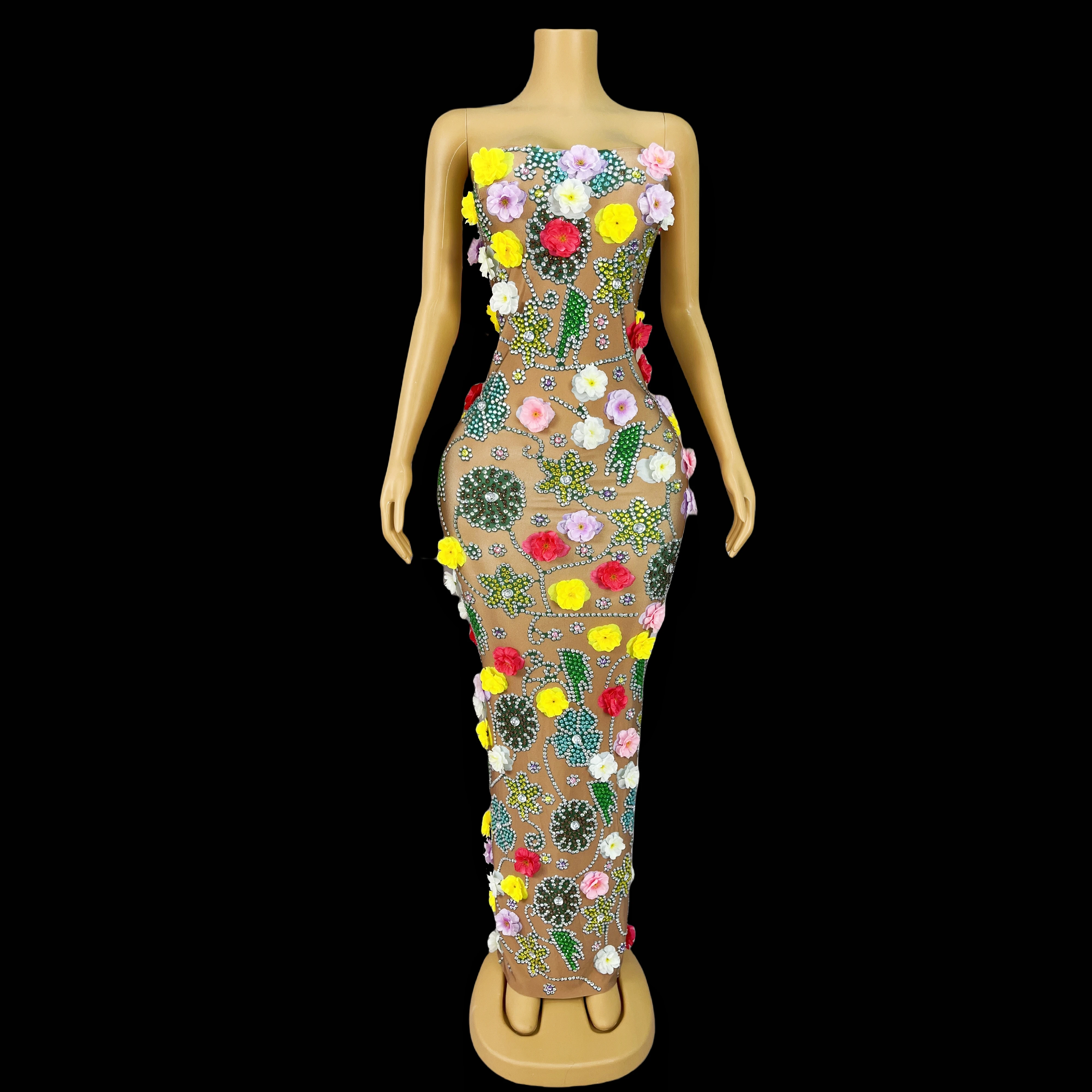 Besondere Party-Feier, bunter Strass-Blumenrock, Gala, roter Teppich, Modenschau, Bühnenkostüme, Huaqiangu Image