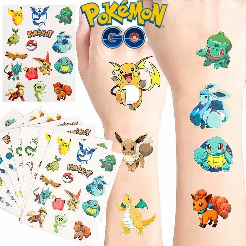 3 Stück Pokemon Original Tattoo-Aufkleber, wasserdicht, Pikachu-Aufkleber, lustiger Cartoon, für Mädchen, Weihnachten, Geburtstag, Geschenk, Belohnungsspielzeug Image