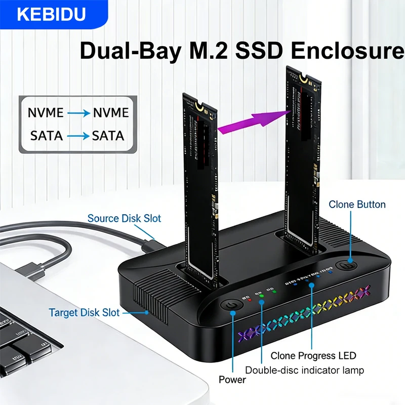Custodia M.2 NVMe/SATA Docking station per disco rigido dual-bay Disco rigido clone offline Duplicatore SSD M.2 Custodia adattatore SSD USB GEN2