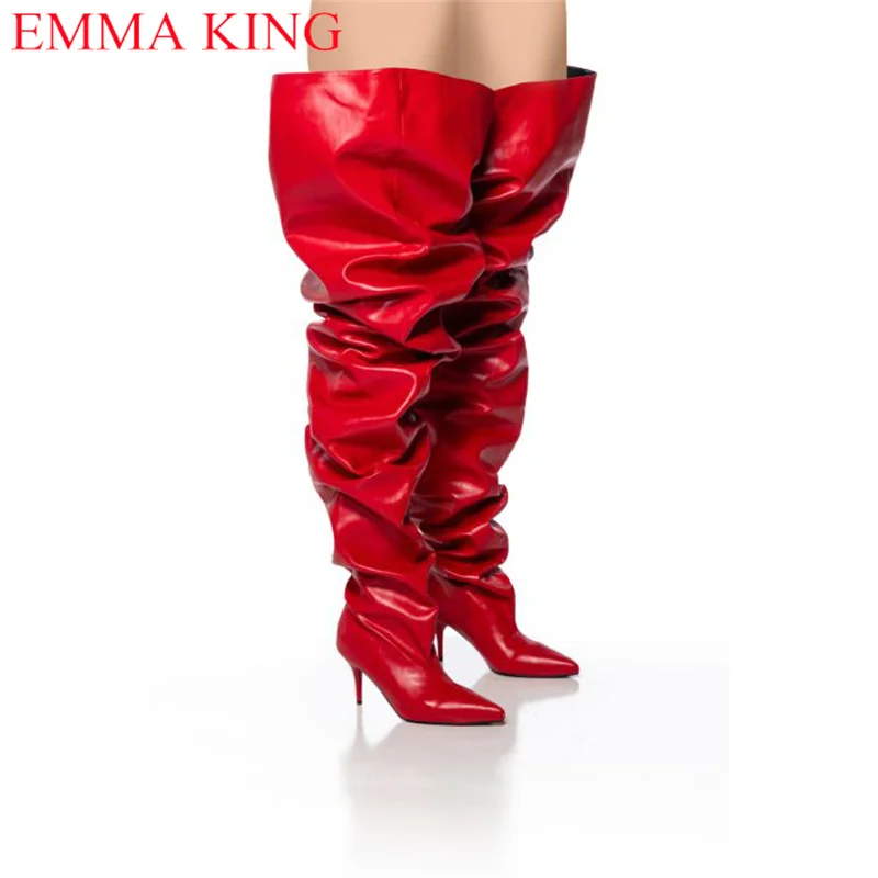 Herbst rot plissiert Frauen Oberschenkel hohe Stiefel sexy Damen Party Schuhe über dem Knie Stiefel High Heels Chaps lange Stiefel Frau