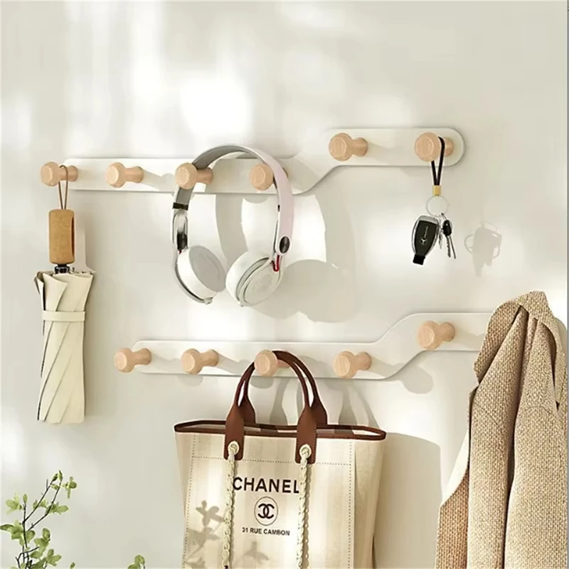 Wandgarderobe, Hängegarderobe für den Eingangsbereich, Garderobe aus Metall und Holz, Garderobe mit 5-Haken-Schiene für Mantel, Schal, Tasche, Handtuch, Schlüssel