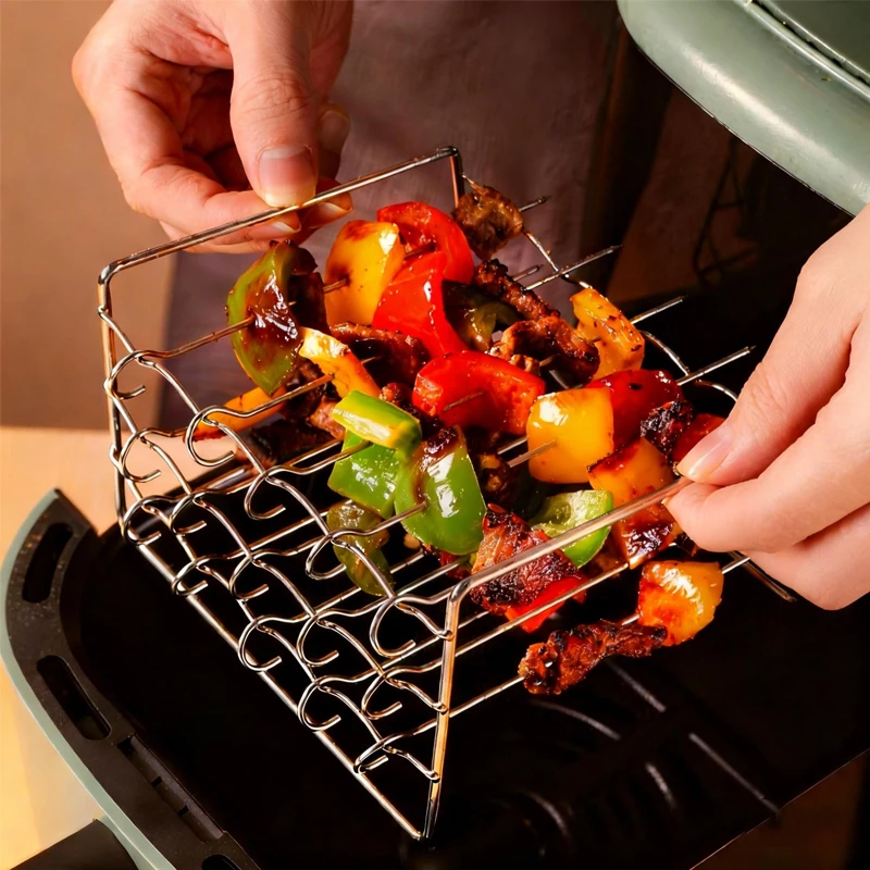 Edelstahl-Heißluftfritteusen-Grill mit Grillspießen, Küchen-Heißluftfritteusen-Gestell, 3-lagiger Ofen-Vertikalgrill mit Spießen Image