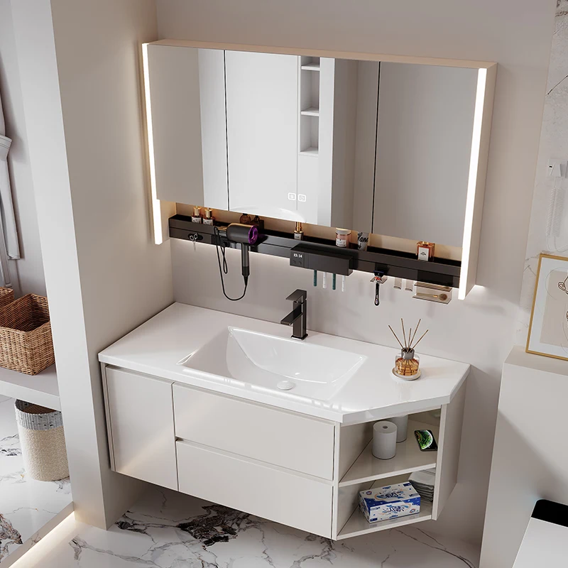 Natürliches Licht Badezimmerschrank Weiß Spiegel Lagerregale Badezimmerschränke Waschtisch Waschbecken Armario De Banheiro Hauszubehör