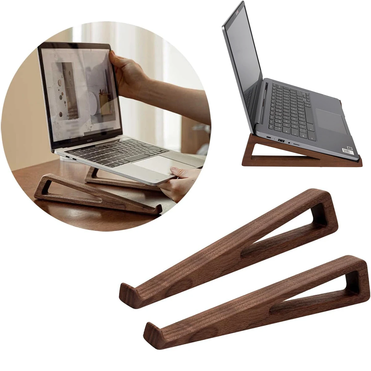 2 Stück Laptop-Ständer aus Holz – universell passend für alle Laptop-Größen, Design aus massivem Holz, kompakt und leicht Image