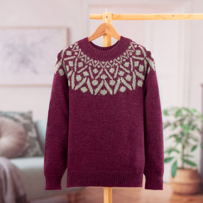 Burgundy Geometry,'Geometric Burgundy and Grey 100% Alpaca Pullover Sweater'