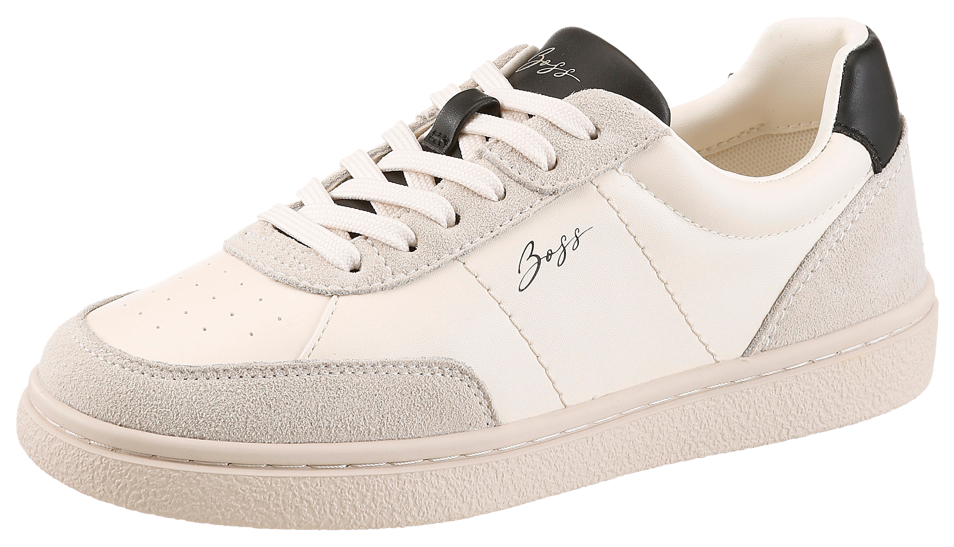 Sneaker BOSS ORANGE "Everlynn Tenn", Damen, Gr. 38, creme, schwarz, Lederimitat, kontrastfarbene Details, Schuhe Sneaker, Schnürschuh, Freizeitsneaker, Halbschuh mit Kontrastdetails