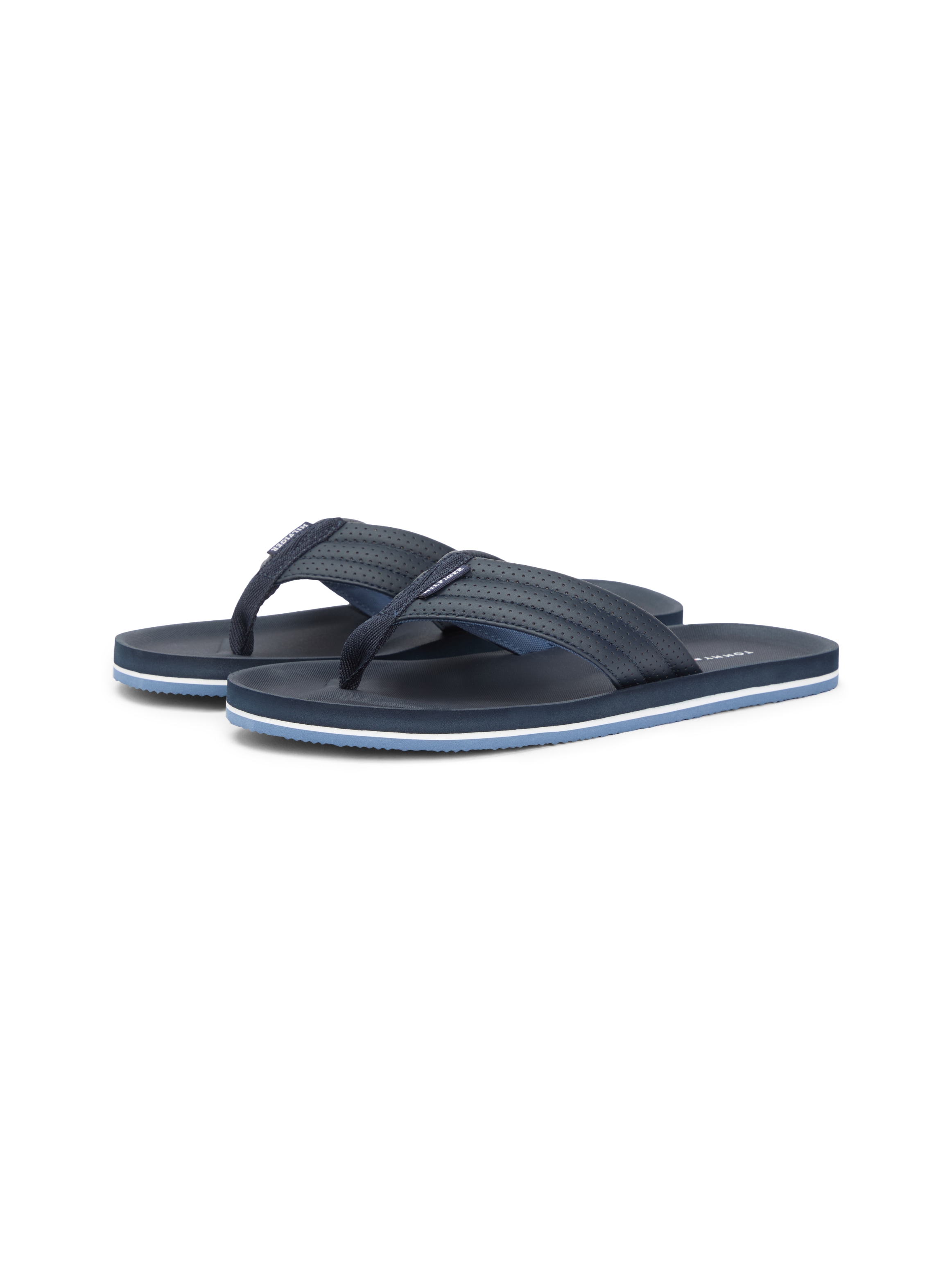 Zehentrenner TOMMY HILFIGER "COMFORT PADDED PERF BEACH SANDAL", Damen, Gr. 48, dunkelblau, Lederimitat, Textil, Schuhe Zehentrenner, Sommerschuh, Strandschuh mit modischer Ziersteppung