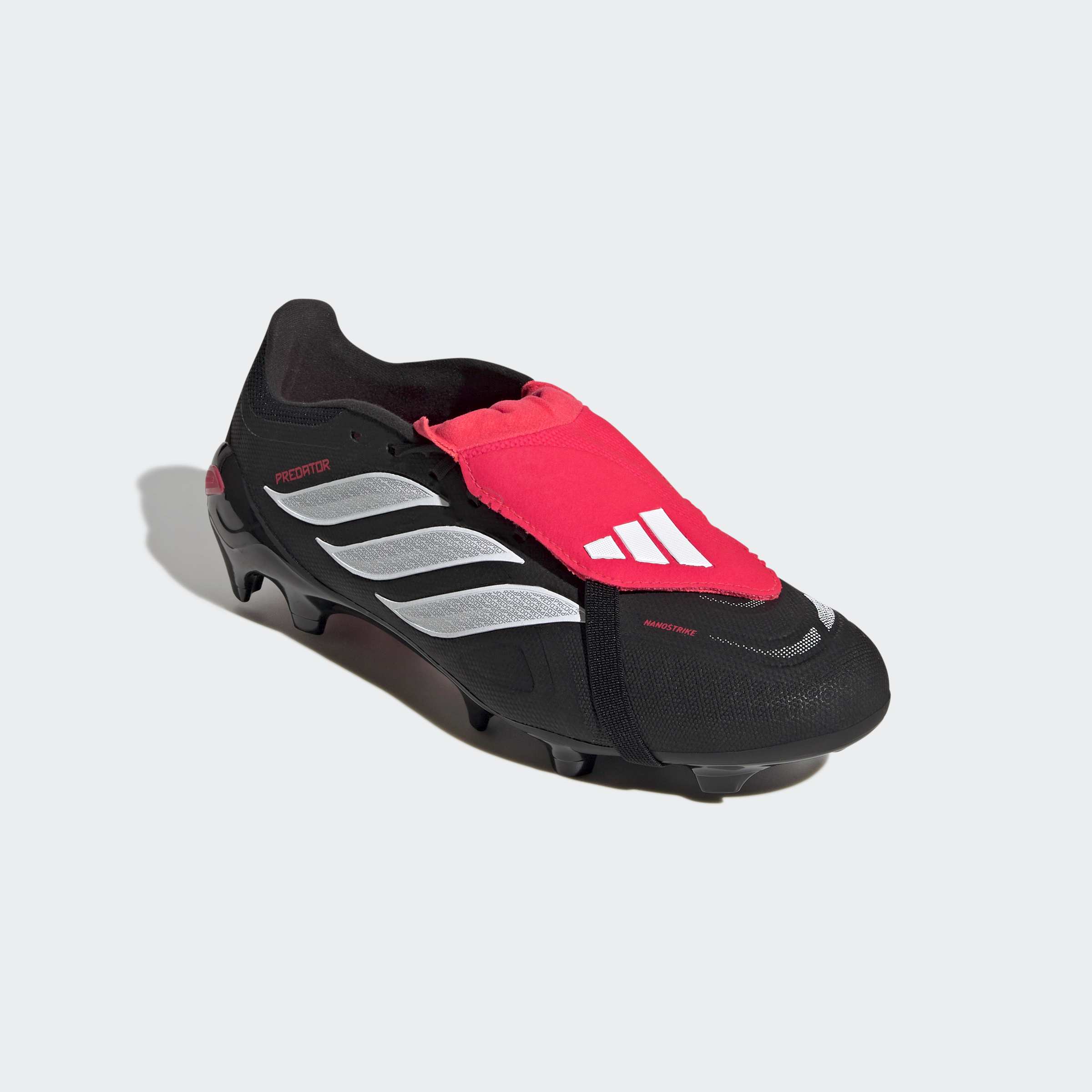 Fußballschuh ADIDAS PERFORMANCE "PREDATOR LEAGUE FOLD-OVER TONGUE FIRM GROUND", Gr. 45, core schwarz, ftwr weiß, lucid rot, Synthetik, Textil, Schuhe Fußballschuh, Außensohle für feste Böden
