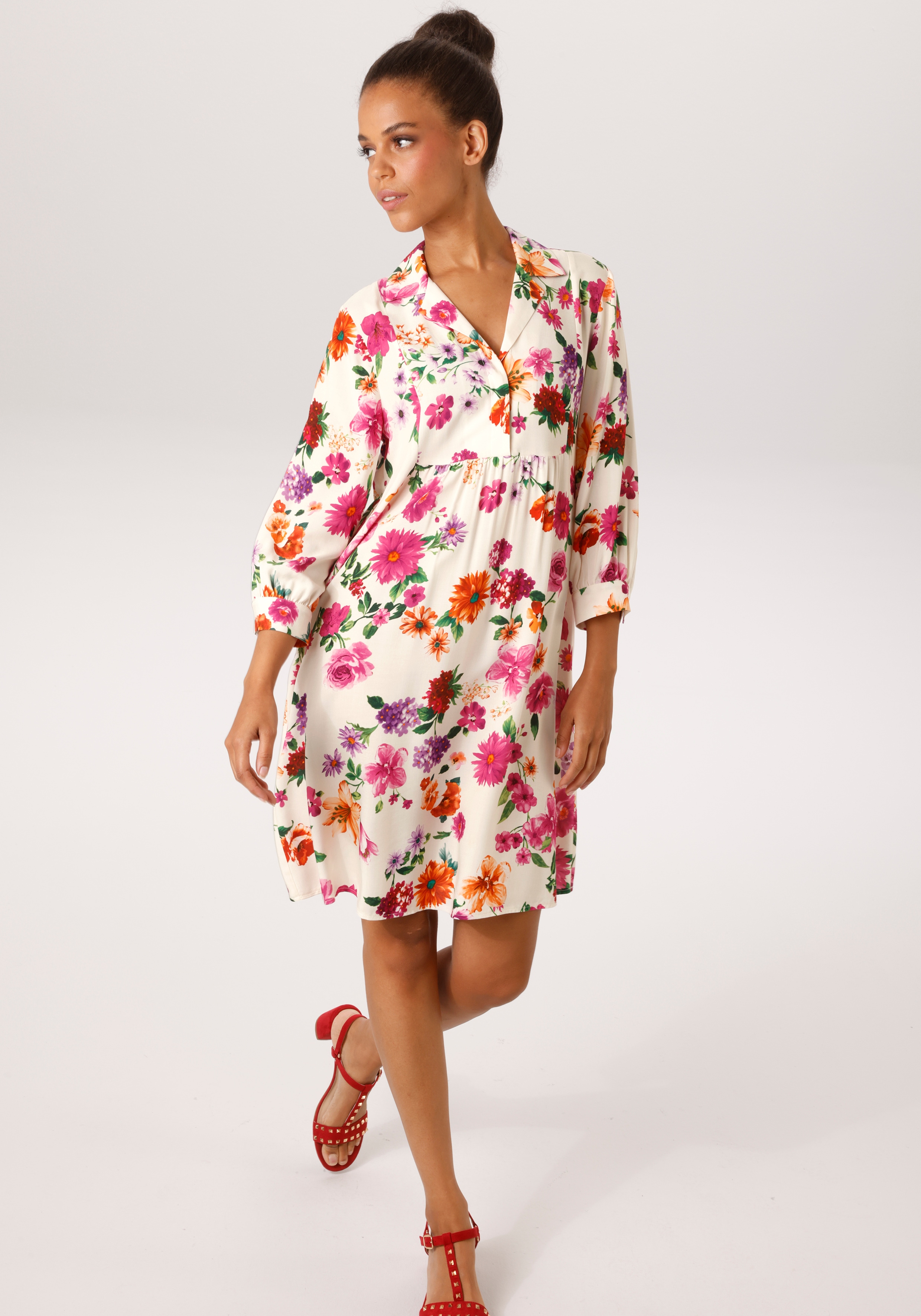 Hemdblusenkleid ANISTON CASUAL, Damen, Gr. 36, N-Gr, creme, fuchsia, orange, lila, grün, Web, Obermaterial: 100% Viskose, bedruckt, geblümt, oversize kniefrei, 1-Knopf-Manschette, Kleider, mit romantischen Blumendruck - jedes Teil ein Unikat - NEUE...