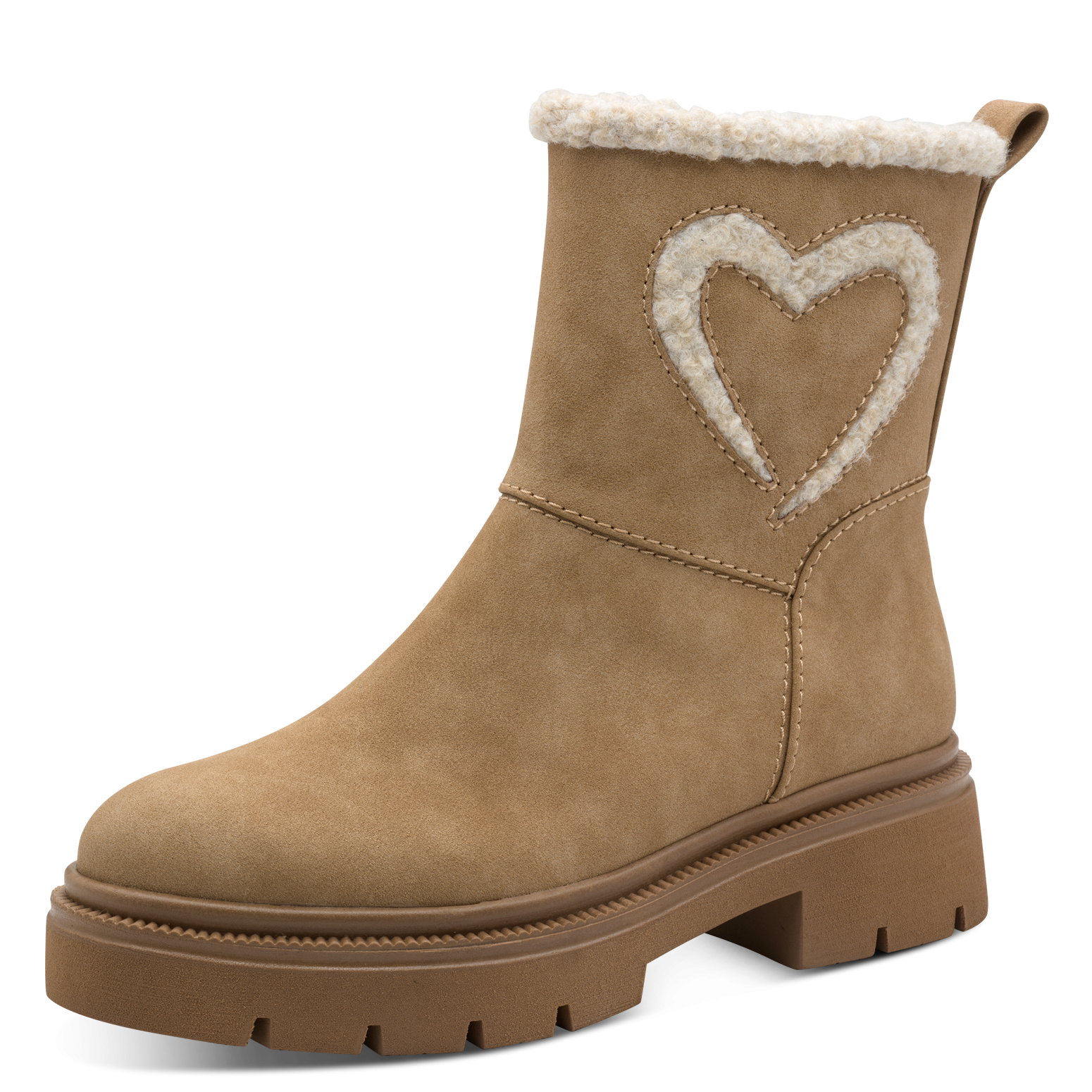 Winterboots MARCO TOZZI, Damen, Gr. 37, beige, Lederimitat, used, Basic, Schuhe Winterboots, Blockabsatz, Stiefelette mit Teddy-Herzapplikation an der Seite