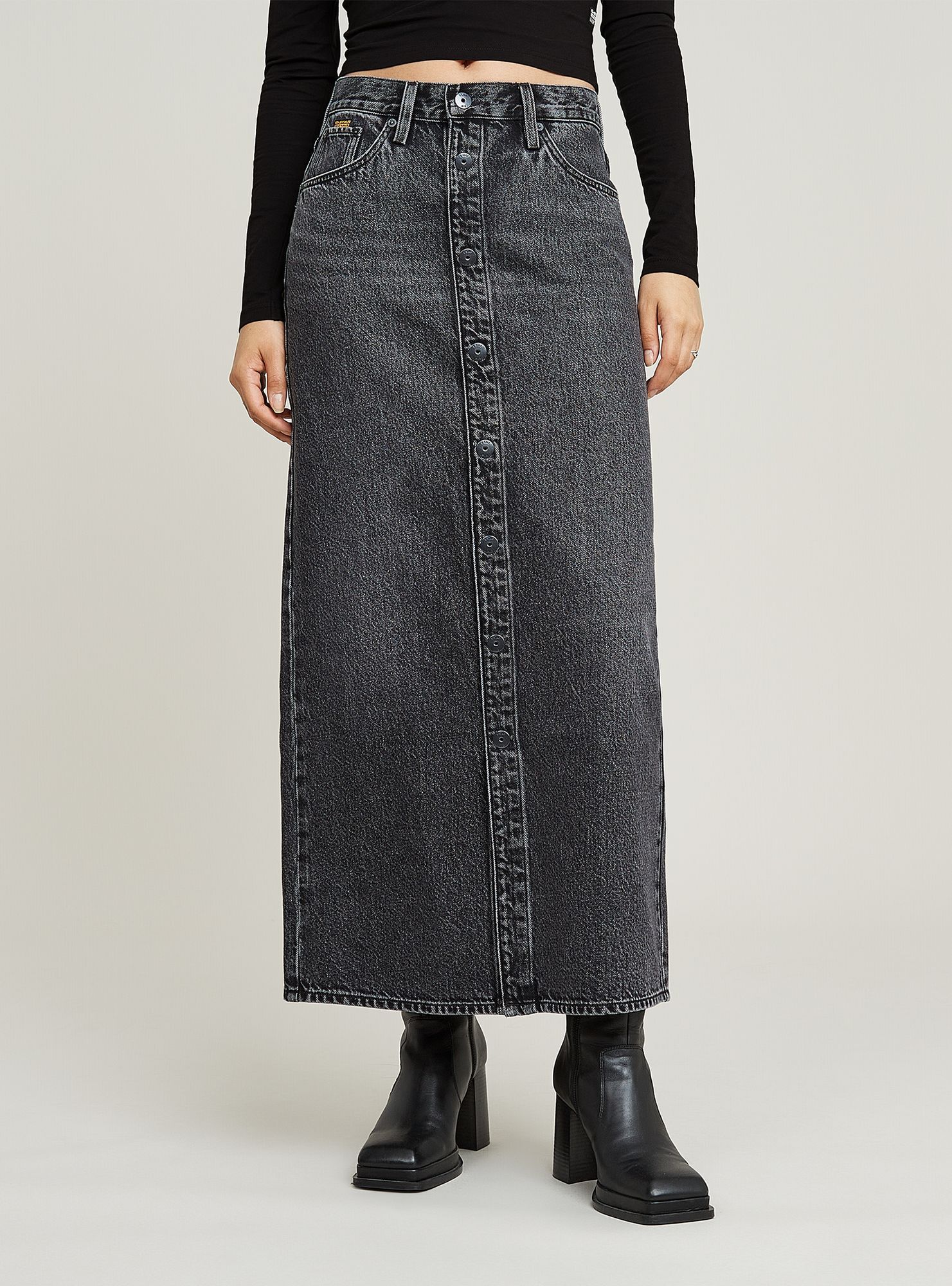 Jeanskleid G-STAR "Viktoria Snaps Long Rock", Damen, Gr. 31, Normalgrößen, faded eolith grau, Obermaterial: 37% Baumwolle, Kleider