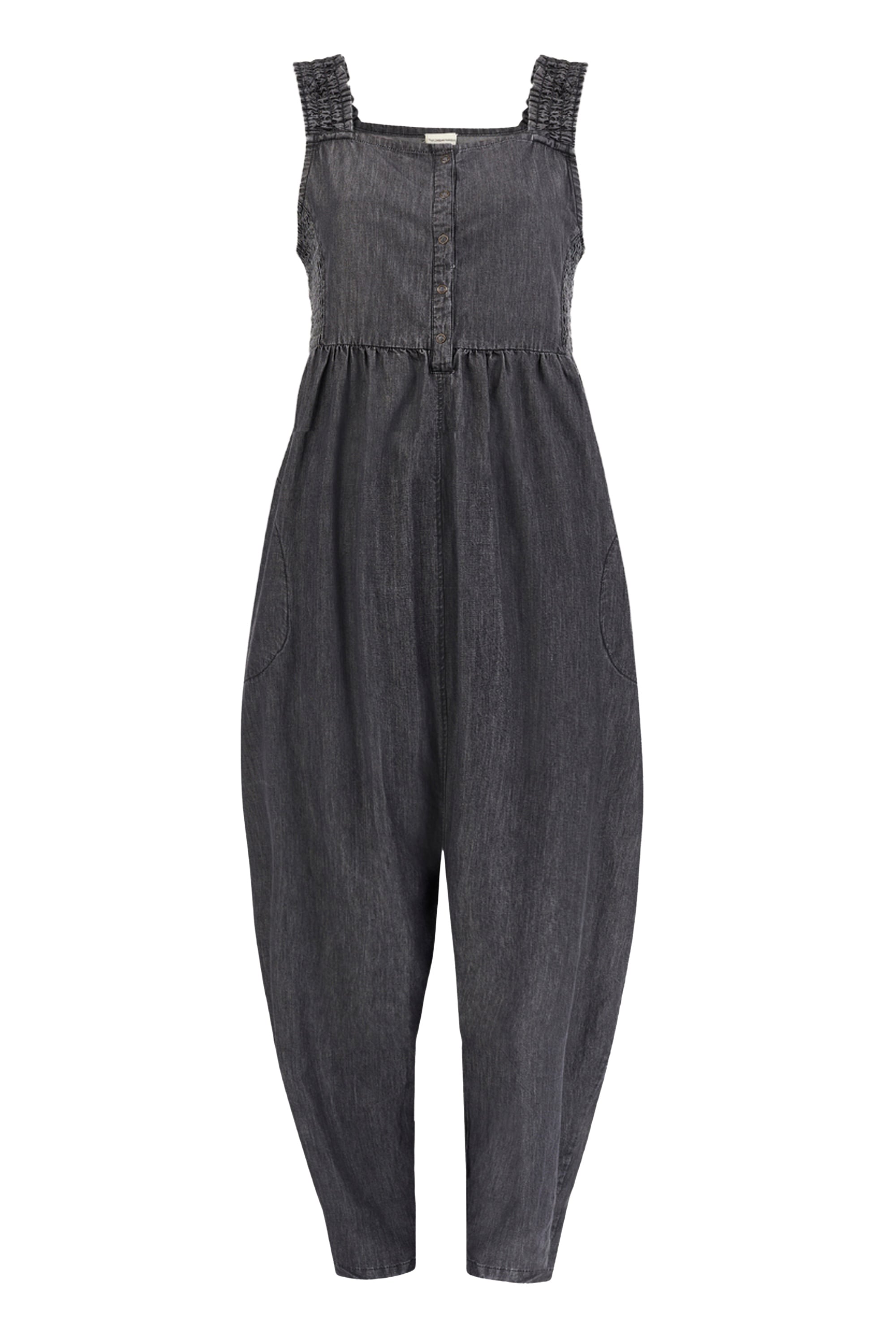Jumpsuit TURTLEDOVE LONDON "Alice Denim Smocking Strap Jumpsuit Damen", Damen, Gr. M, Normalgrößen, schwarz, 100% Baumwolle, normal, Overalls Jumpsuit