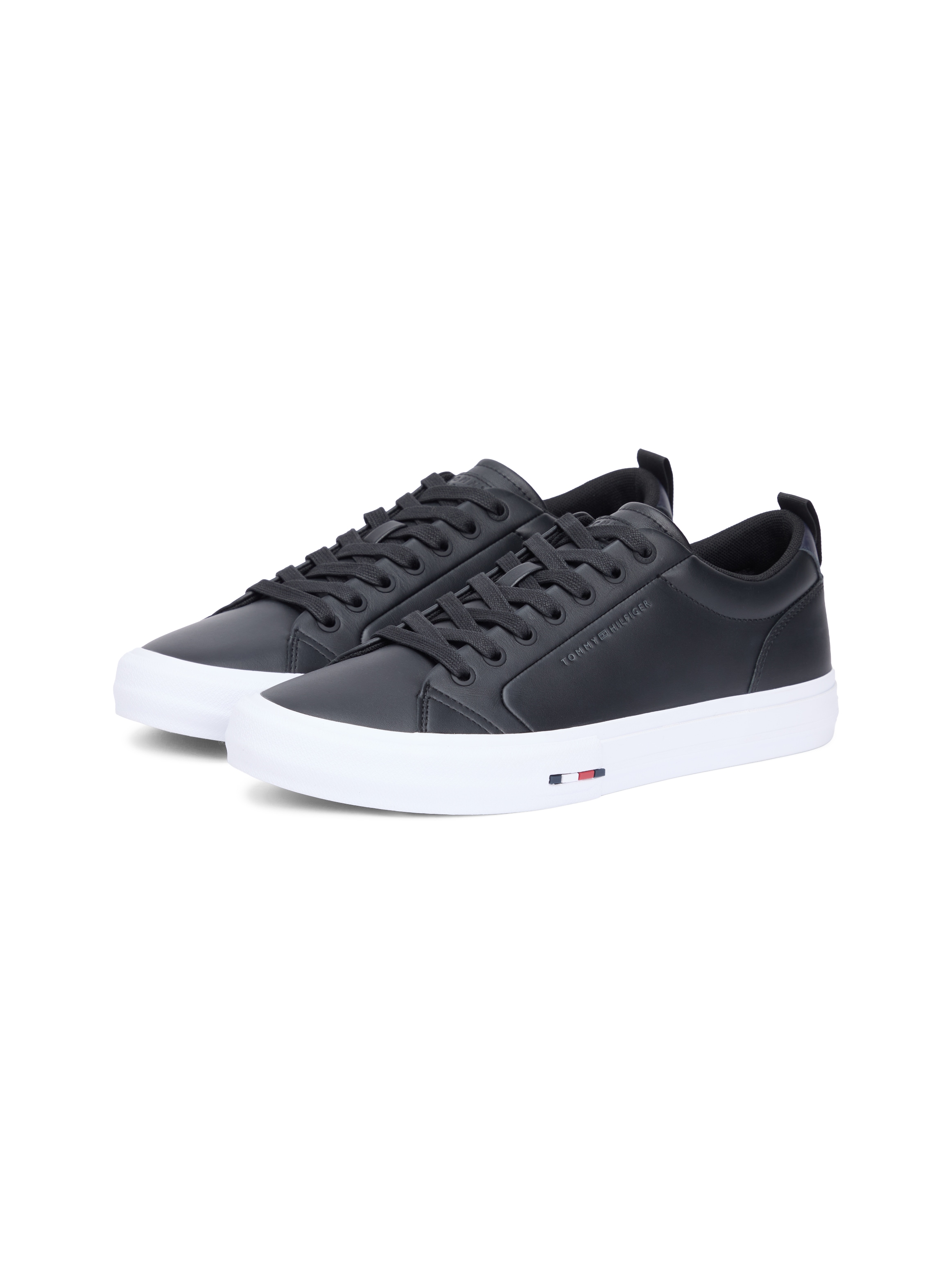 Sneaker TOMMY HILFIGER "HARLEM STREET LTH", Herren, Gr. 44, schwarz, Leder, Lederimitat, Schuhe Sneaker, Freizeitschuh, Halbschuh, Schnürschuh mit TH-Logo -klein ausfallend