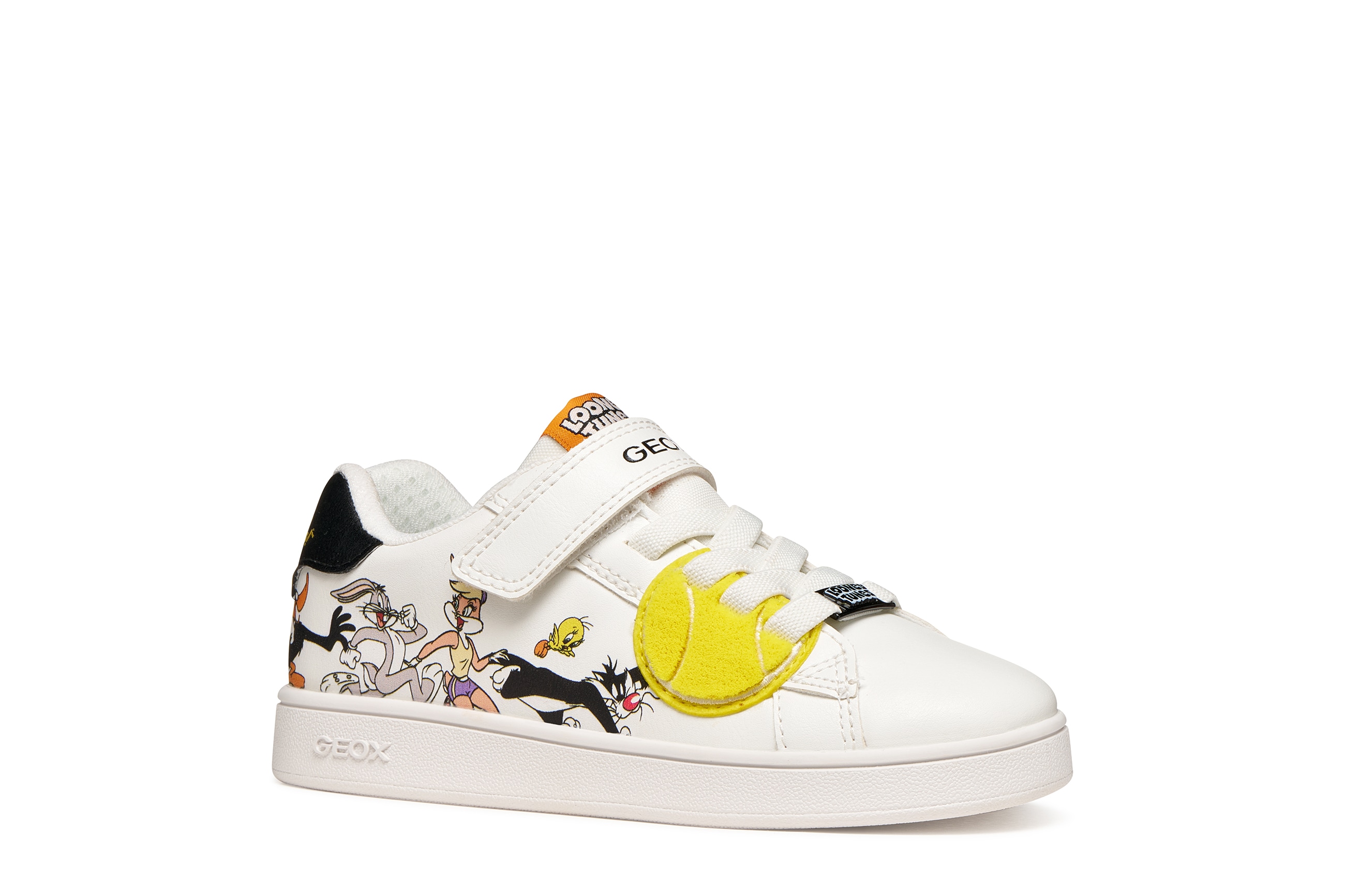 Sneaker GEOX "J ECLYPER BOY", Damen, Gr. 35, weiß, schwarz, Lederimitat, Textil, Schuhe Sneaker, Klettschuh mit Looney Tunes Motiv, Größenschablone zum Download