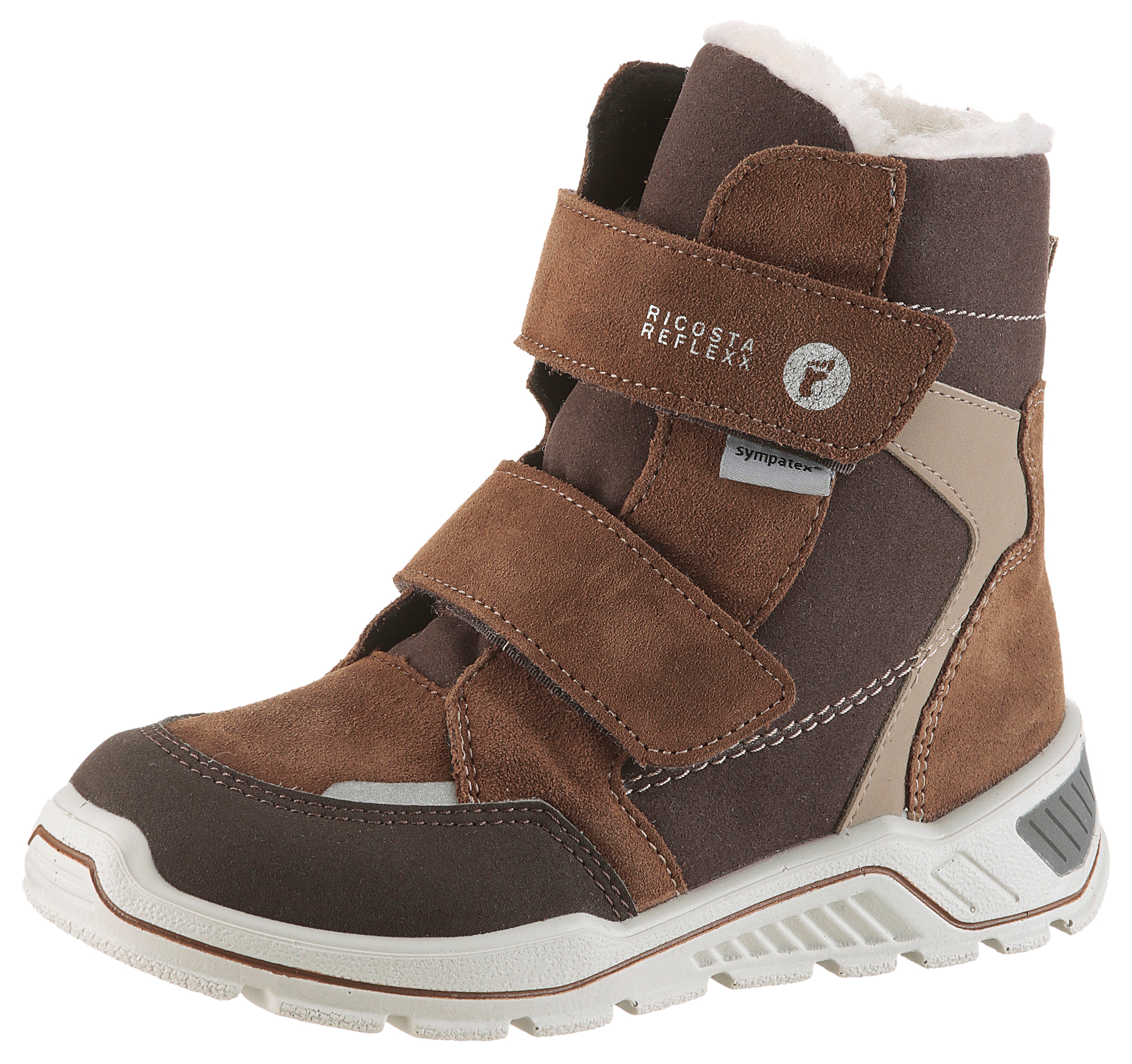 Winterstiefel RICOSTA "JANEK 50 WMS: weit", Damen, Gr. 28, braun, Lederimitat, Veloursleder, kontrastfarbene Details, Schuhe Winterstiefel, Snowboots, Klettstiefel mit Sympatex, Größenschablone zum Download