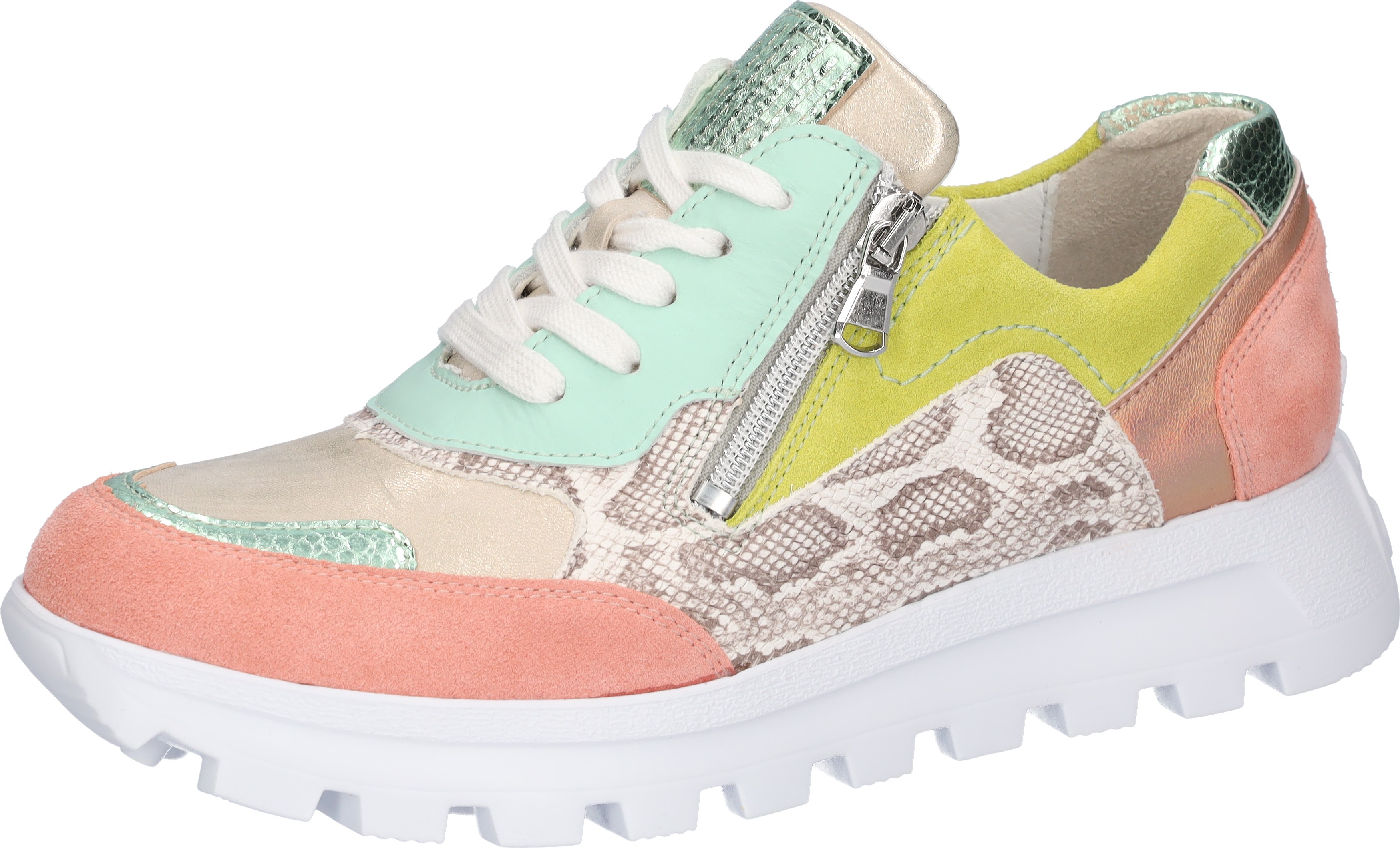 Sneaker WALDLÄUFER "H-AJALA", Damen, Gr. 6 (39), melone multicolor, Nappaleder, Nubukleder, Veloursleder, Reptilienprägung, mehrfarbig, Schuhe Sneaker, Schnürschuh, Halbschuh, Komfortschuh mit Reißverschluss, H-Weite