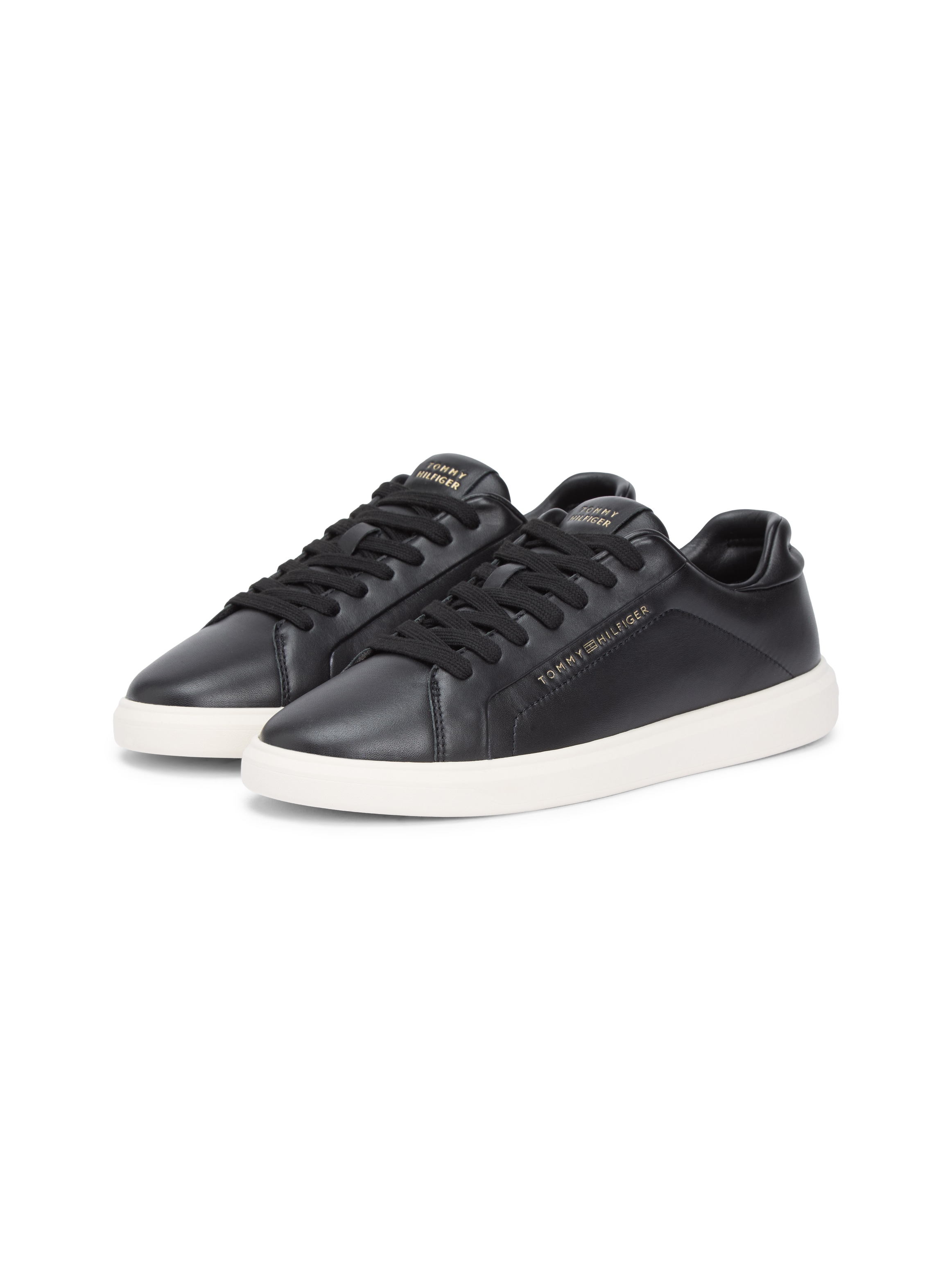 Plateausneaker TOMMY HILFIGER "ICON COURT LIGHT WEIGHT SHINNY", Damen, Gr. 36, schwarz, Leder, Lederimitat, Schuhe Plateausneaker, Freizeitschuh, Halbschuh, Schnürer mit TH-Logo - klein ausfallend