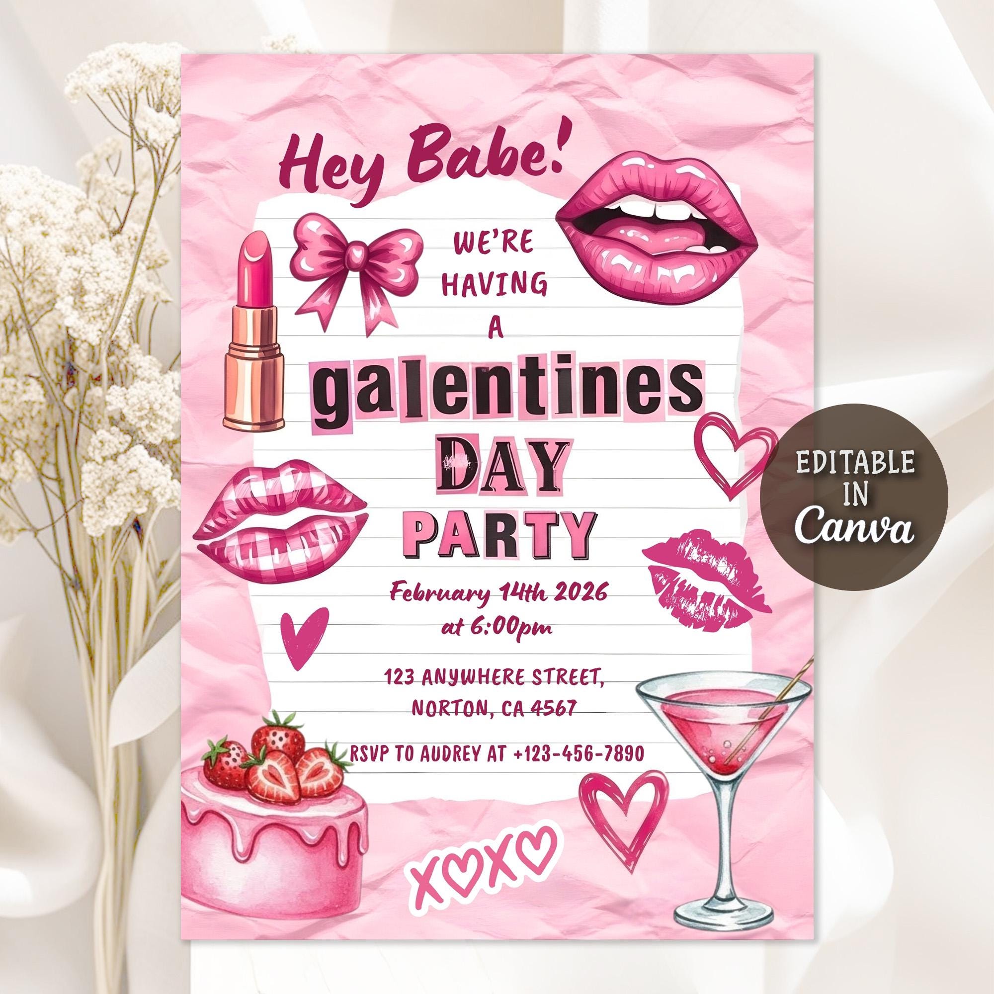 Invito per la festa di San Valentino Y2K, invito per la cena di San Valentino tra amiche, festa di San Valentino tra ragazze, invito per il San Valent