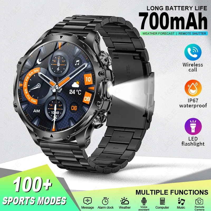 LIGE Männer Im Freien Sport Smart Uhr AK75 Taschenlampe 700mah Große Batterie Bluetooth Anruf LED Licht Fitness Tracker Smartwatch Image