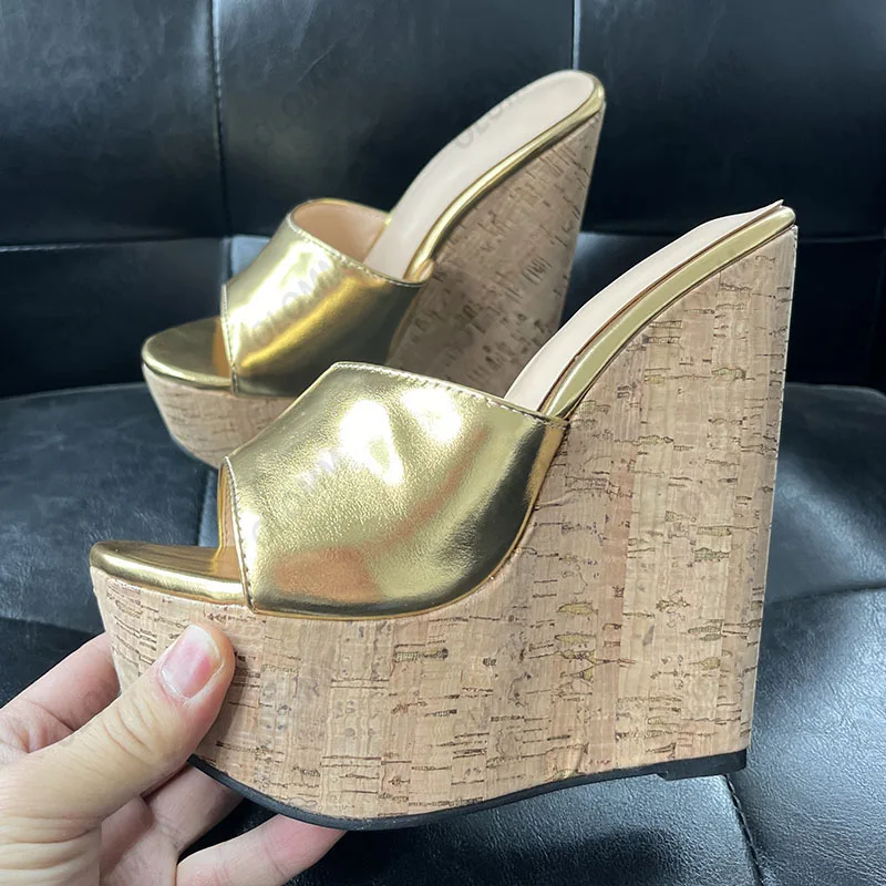 Olomm Frauen Sommer Plattform Pantoletten Sandalen Keile High Heels Runde Kappe Wunderschöne Gold Silber Kleid Schuhe Damen US Plus Größe 5-20