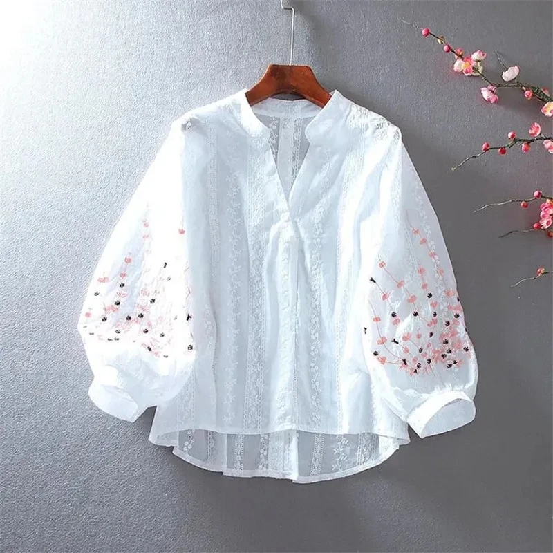 V-Ausschnitt bestickte Blusen für Damen, Hemd, Spitze, Laternenärmel, Baumwolle, Bluasa, lockeres Oberteil, lässig, vielseitig, Sommer, dünn, feminin, Bl Image