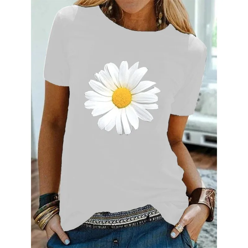 Damen-T-Shirt mit Gänseblümchen-Aufdruck, ärmellos, für Damen, Harajuku, ästhetische Kleidung, grafische T-Shirts, Tops, Damen-Harajuku-Ärmel Image
