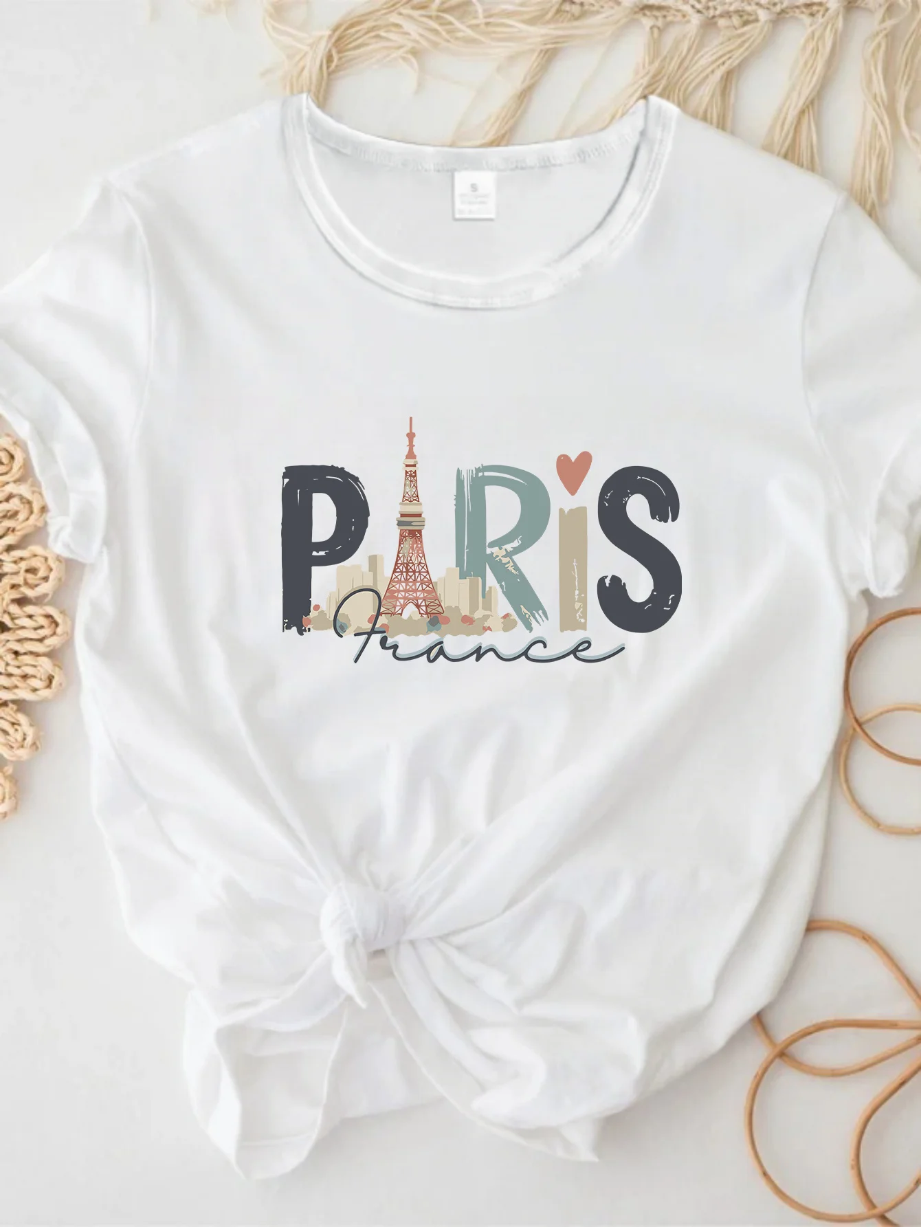 Design Elastizität Runde Casua Frühling Sommer Reise Souvenir frauen Paris Frankreich Grafik Druck Kurzarm Shirt Herzen Tops Image