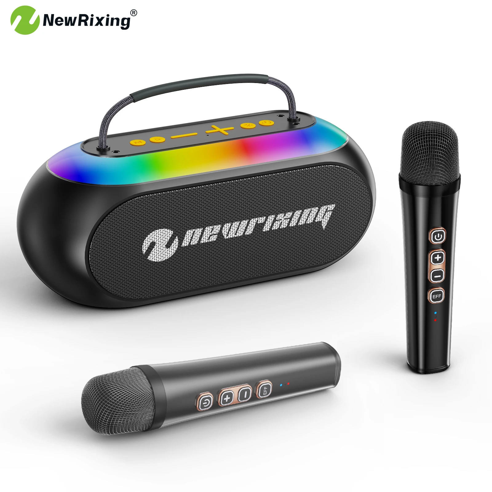 NewRixing Karaoke-Maschine mit 2 Mikrofonen, BT-Lautsprecher, 30 W, Bass-Boost/High-Fidelity-Stereo-Sound, magisches Mikrofon, RGB-Licht, für BT/AUX/TF/USB Image