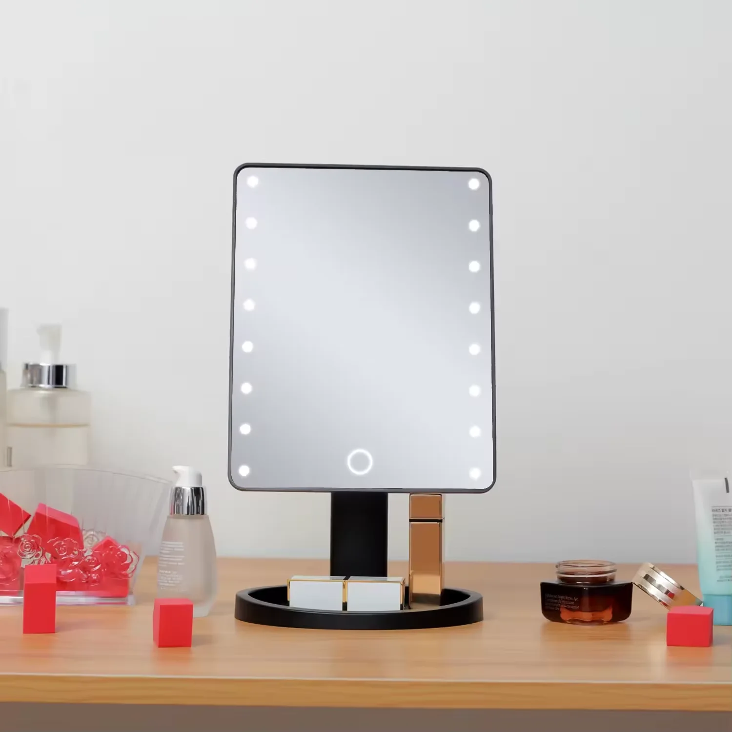 Beleuchteter Schminkspiegel mit Drehfunktion, LED-Spiegel mit Touchscreen, Einstellbare Helligkeit, USB-Doppelversorgung, Kosmetikspiegel für Badezimmer
