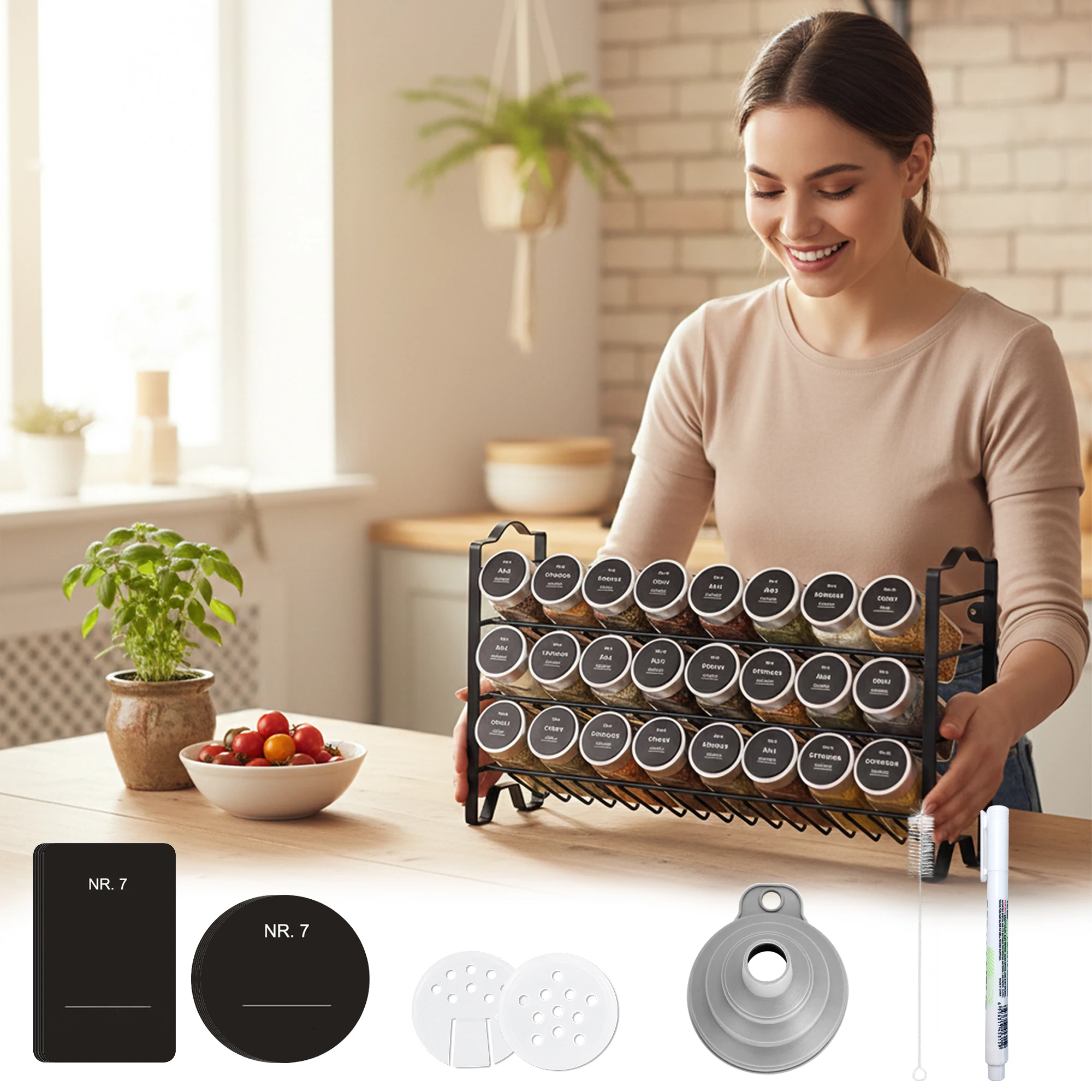 Set di barattoli per spezie da 25 pezzi con supporto in ferro, contenitori per spezie in vetro trasparente da 120 ml con coperchi ermetici resistenti all'umidità - Salvaspazio