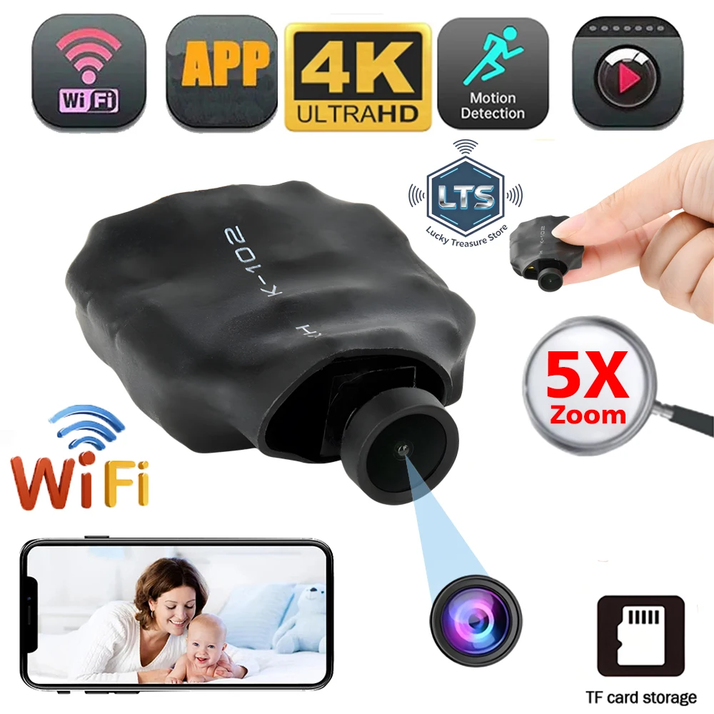 4K HD Mini-Kamera, kabellose WLAN-Kamera, unterstützt 5-fach Zoom, Bewegungserkennung, Fernüberwachung, 120° ° Live-Streaming Nanny DIY-Kamera Image