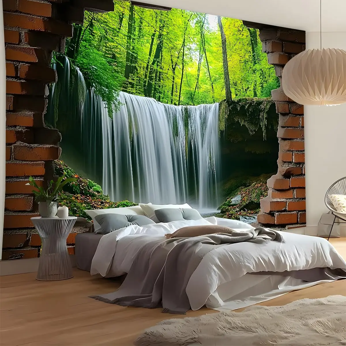3D Wasserfall Wald Fenster Wandteppich Natur Landschaft Wandkunst für Schlafzimmer Wohnzimmer Wohnheim Dekor Image