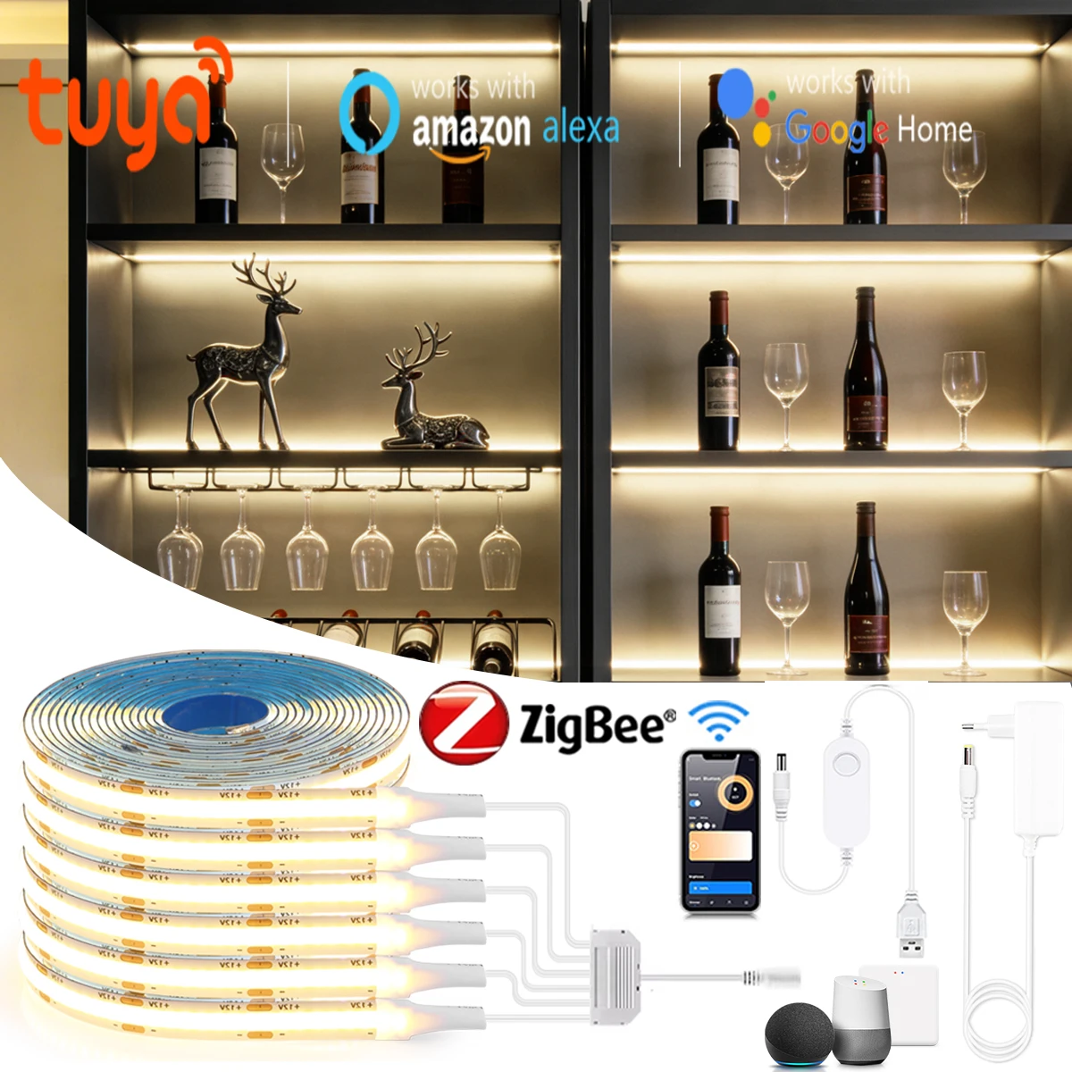 Zigbee Smart Unterbauleuchte COB LED-Streifen Dimmbare Beleuchtung für Bücherregal Kleiderschrank Tuya Lampe App-Fernbedienung WLAN-Leuchten