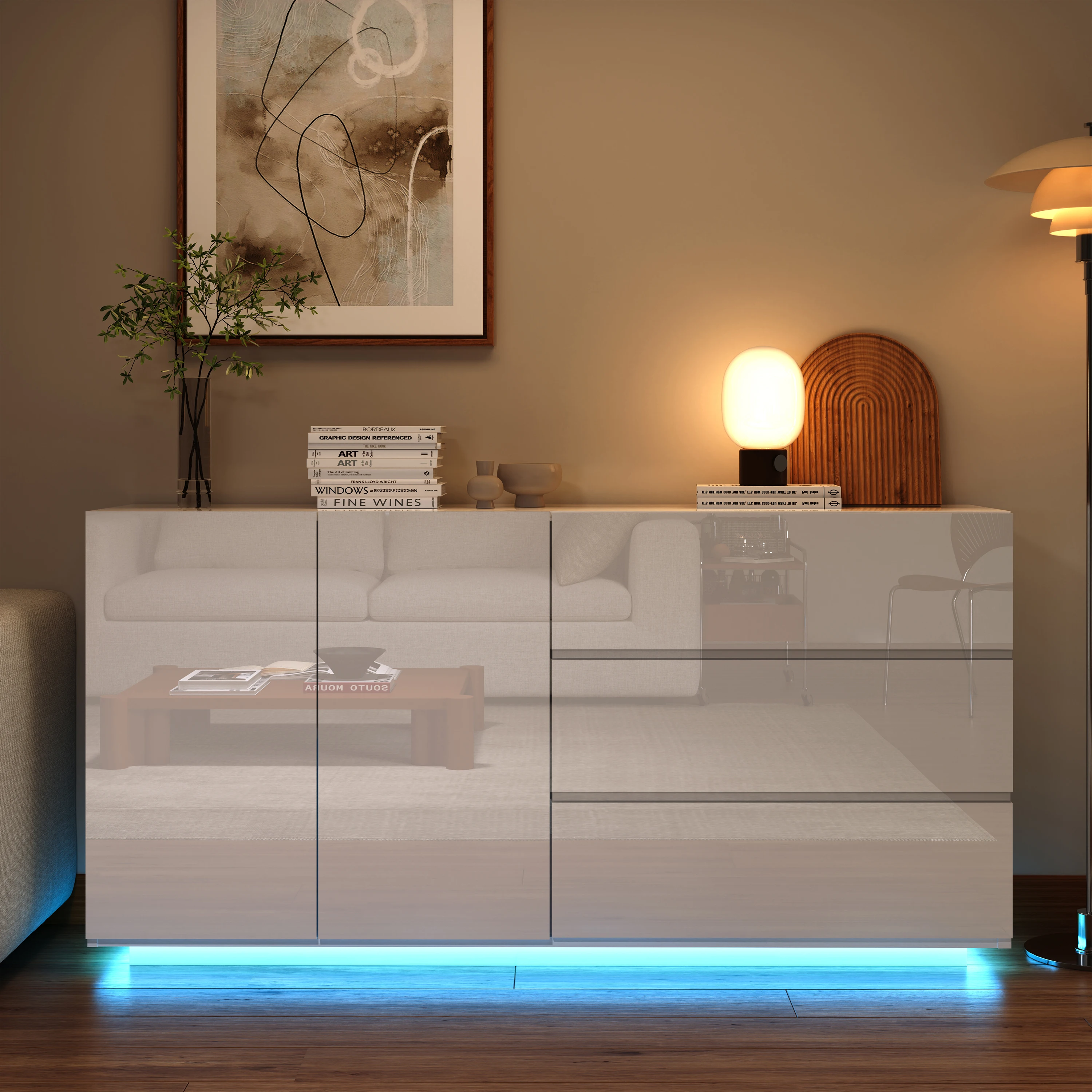 Rosahqnda Modernes Hochglanz-Sideboard mit LED, Schubladen und Türen, nordischer minimalistischer Buffetschrank für Wohnzimmer/Küche