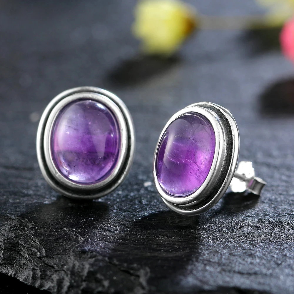 Natürliche 8x10MM Amethyst Ohrstecker S925 Silber Ohrringe für Frauen Einfacher Vintage-Schmuck Jubiläumsgeschenk Image
