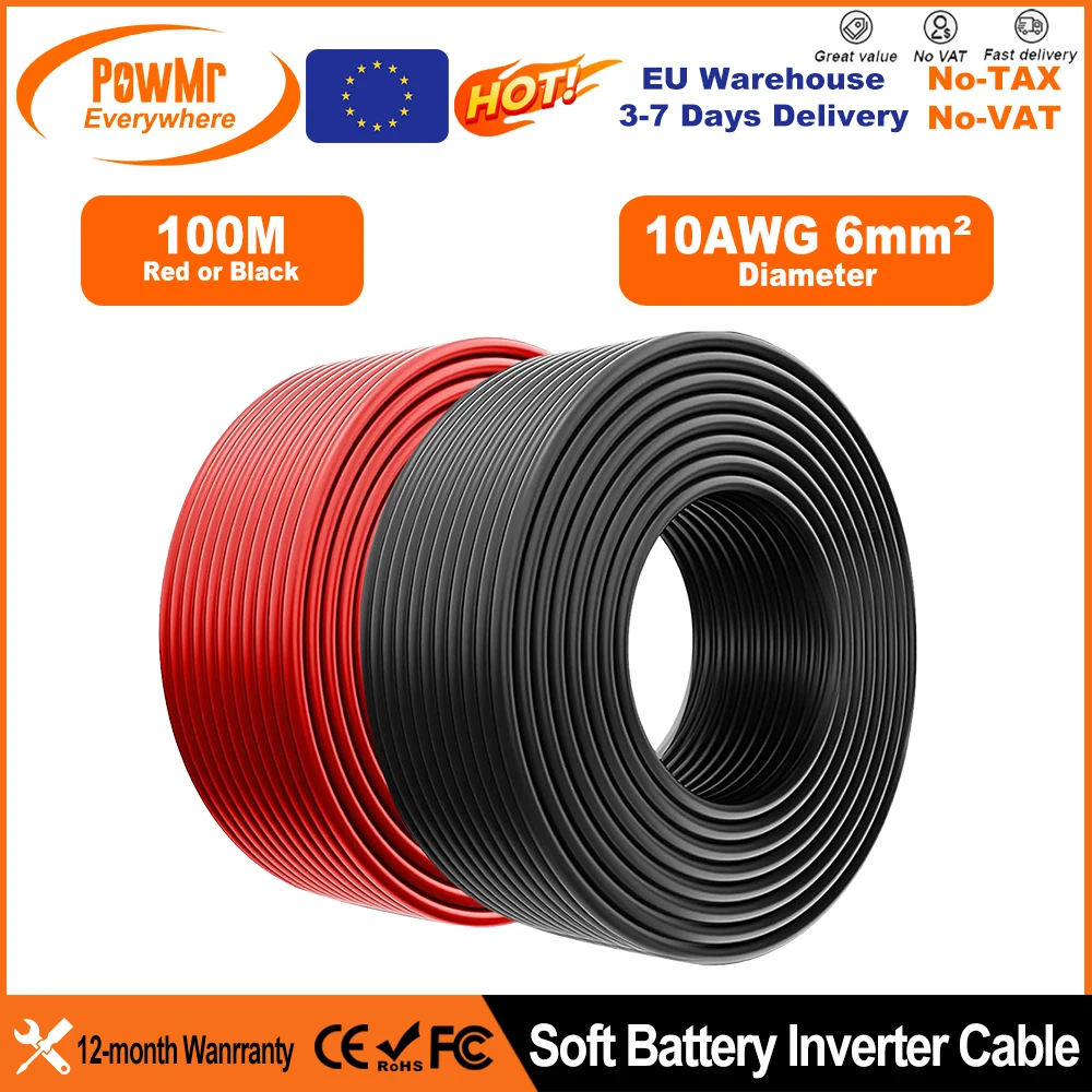 PowMr EU 100M 328FT Solarstromkabel 6 mm 2 10 AWG Draht PV-Photovoltaik-Kabel TÜV-Kabel für PV-Panels Anschluss Rot Schwarz Jack Image